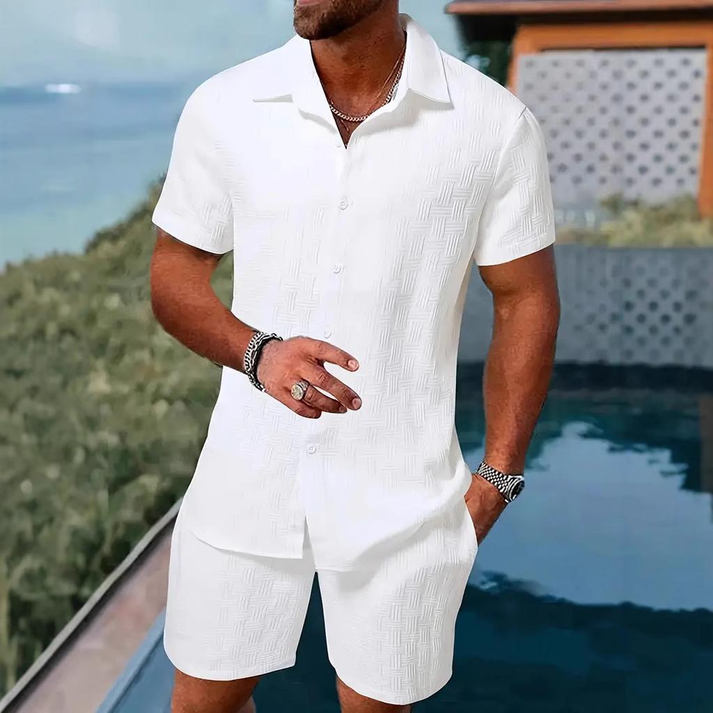 Herren Casual Unifarben Jacquard Kurzarmhemd und Shorts Zweiteiliges Urlaubsset
