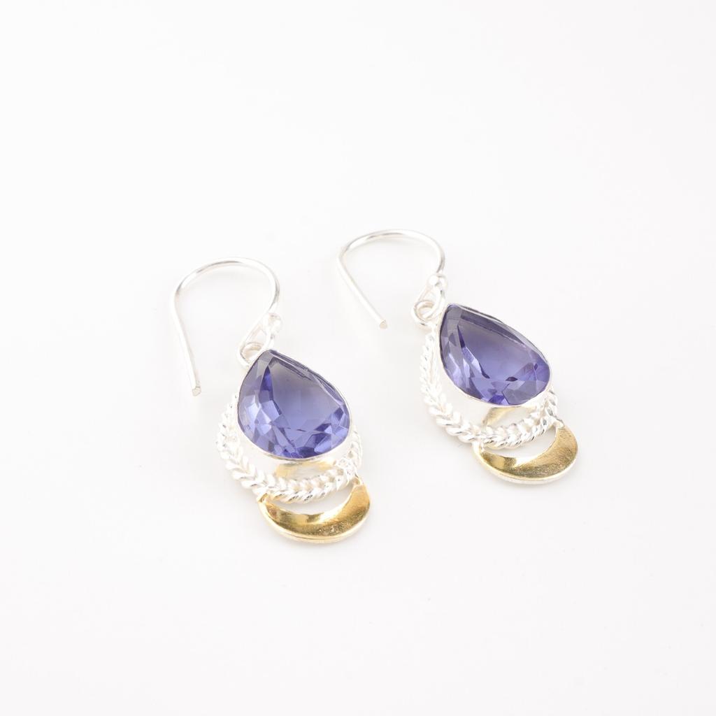 Iolite Gemstone 925 Sterling Silver Jewelry Handmade Hook Earrings 1.5" For Gift EE-162-9