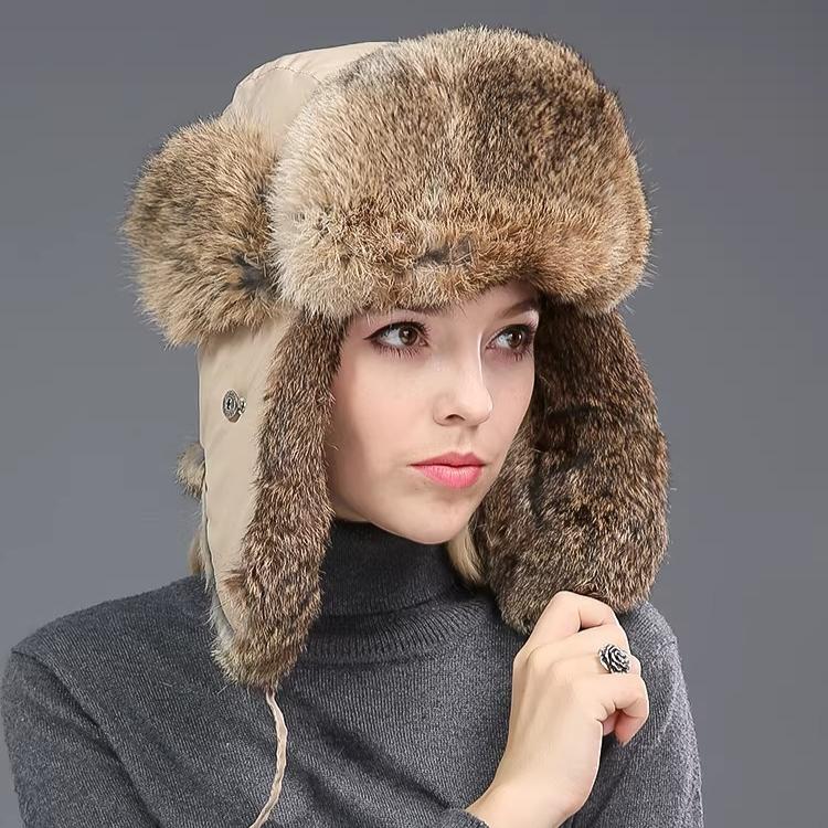 Rabbit Fur Lei Feng Hat for Men and Women In Winter Thickened Warm Ear Protection Cold Outdoor Northeast Leather Straw Hat Ski Hat Cotton