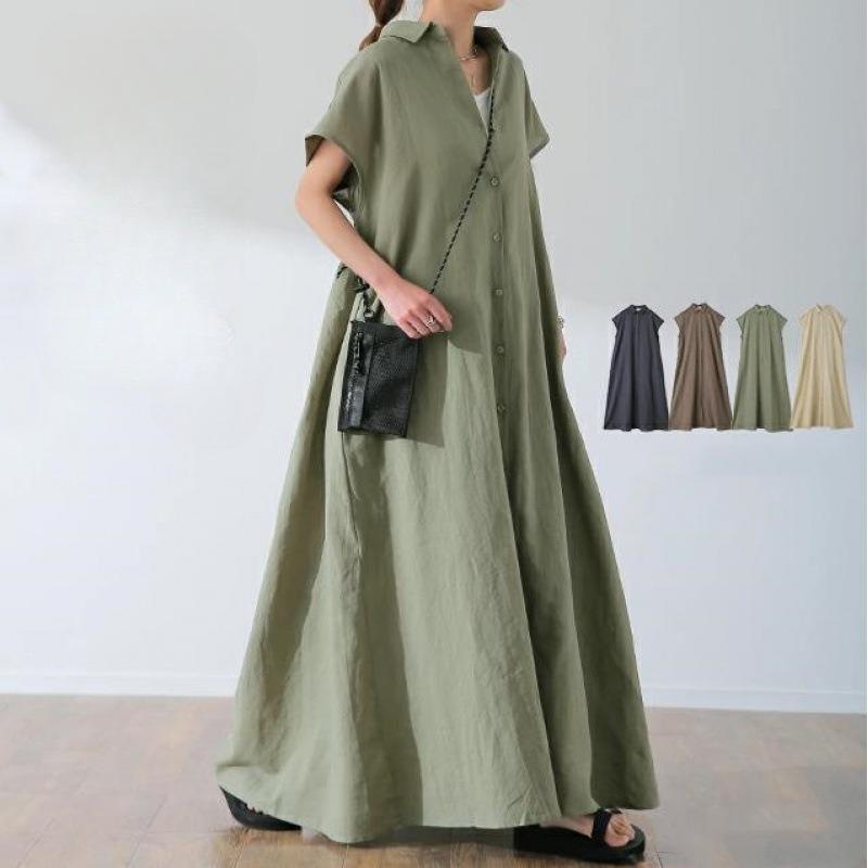 Women's Loose Fitting Pullover Short Sleeved Cotton and Linen Dress