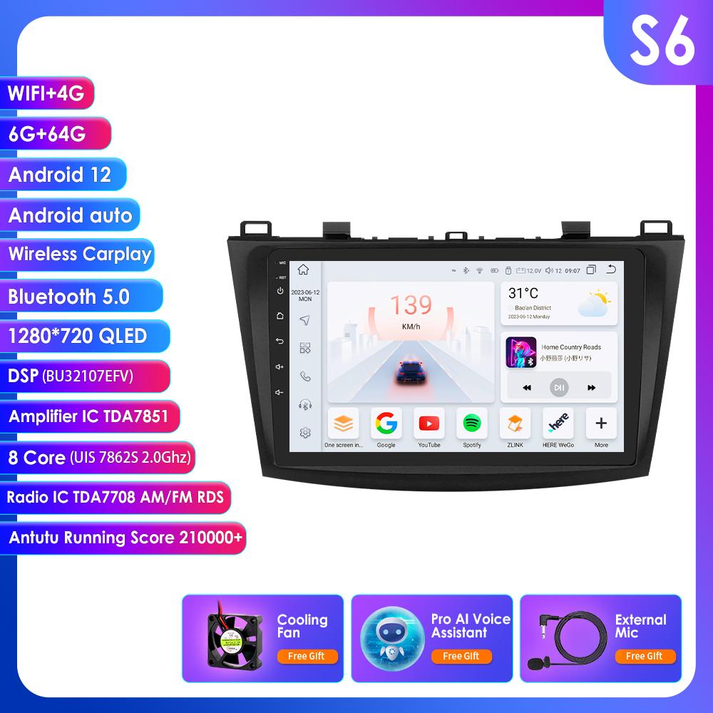 OSSURET 9" Android 14 UIS7862 Carplay Screen for Mazda 3 2010 - 2013 Car Radio Automotive Multimedia GPS Intelligent Navigation BT RDS DSP Octa Core