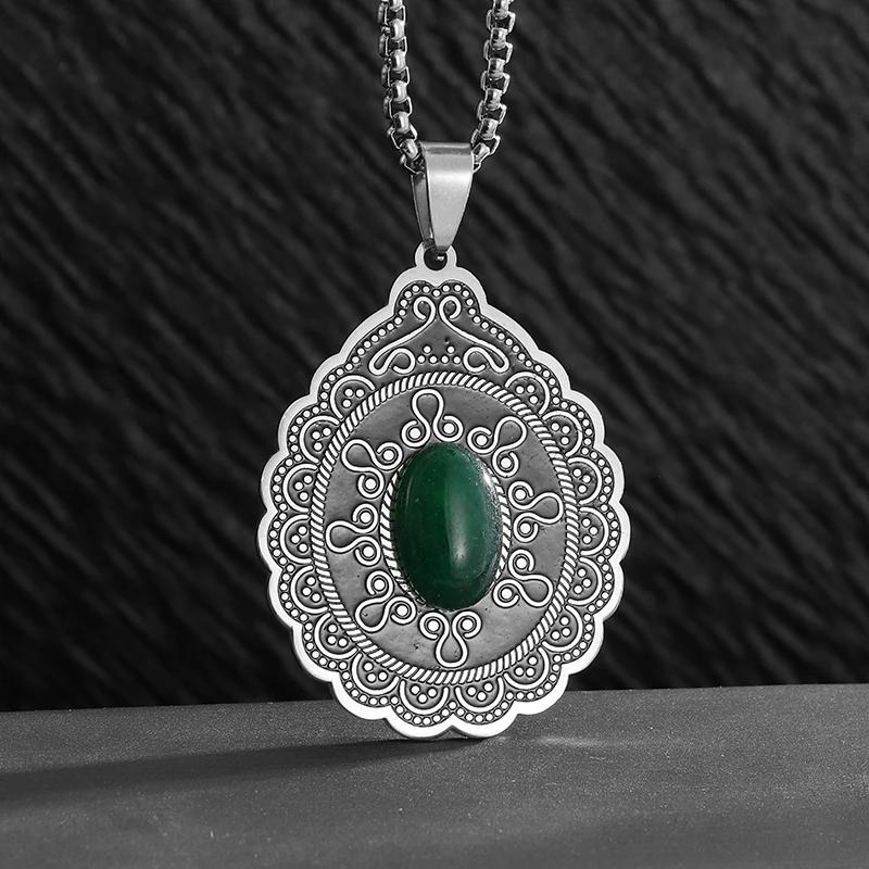 Retro Styl Boho Owalny Kwiatowy Naturalny Kamień Stal Nierdzewna Wisiorek Naszyjnik Damska Moda Elegancka Biżuteria Świąteczna Prezent