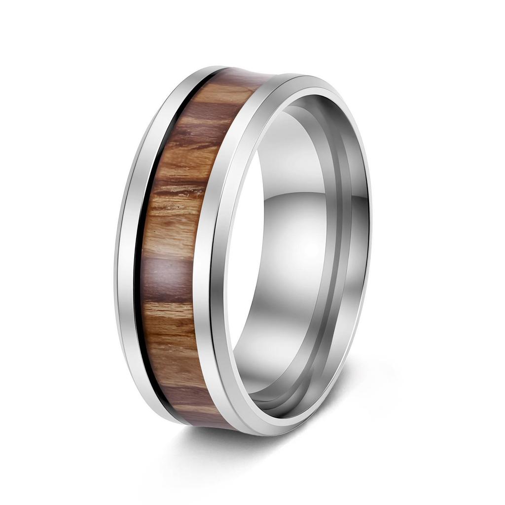 8mm Acacia Wood Inlaid Titanium Steel Men's Ring - Durable, Fade-Resistant Wood Grain Design