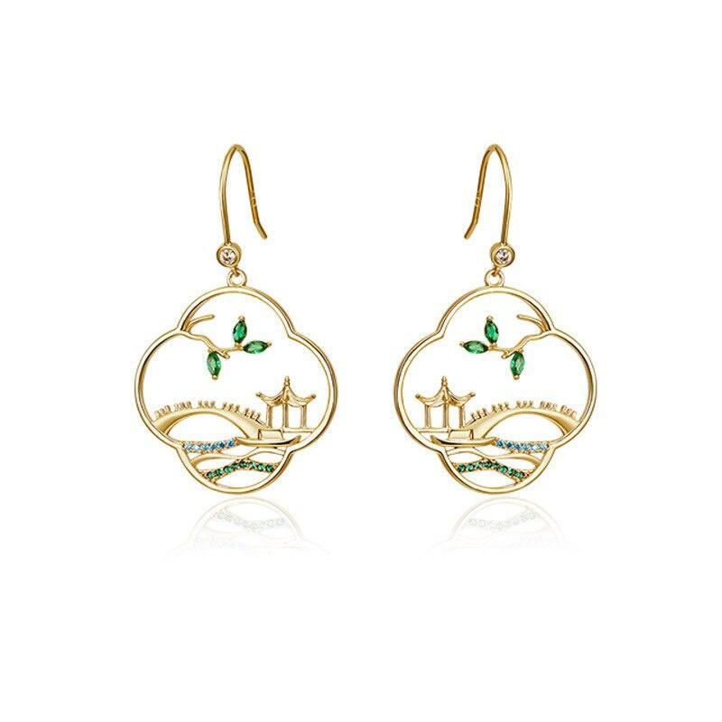 Chinese Style Vintage Jewelry Alloy Rhinestone Bridge Earrings for Women Big Hollow Geometric Drop Earrings
