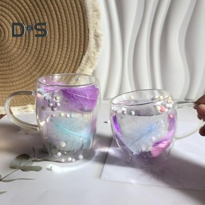 Double Wall Glass Coffee Mug 250/350ml Feather Design Cup with Handle Insulated Anti-Scalding Comfortable Grip Temperature Control Tumbler for Tea