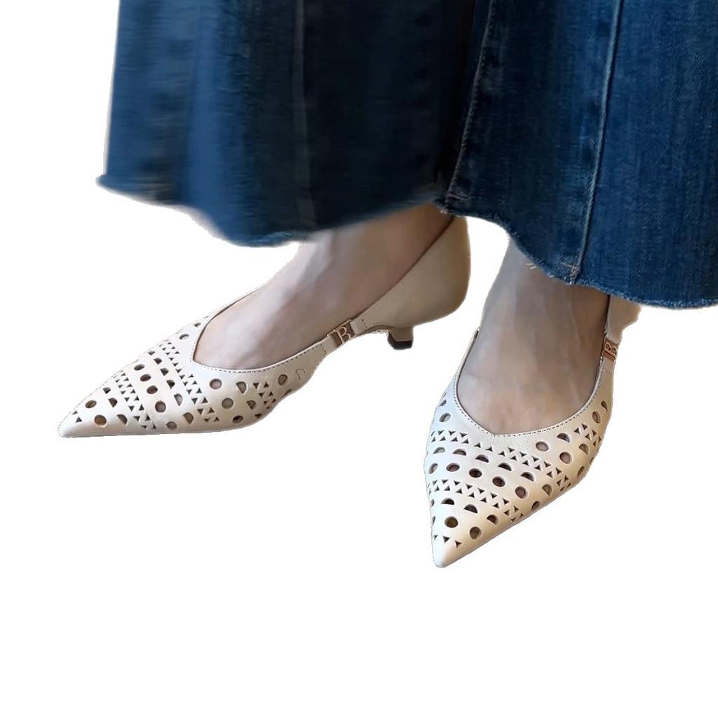 French beautiful hollow breathable hole sandals women's 2025 new temperament pointed head shallow mouth thin heel bag head single shoes