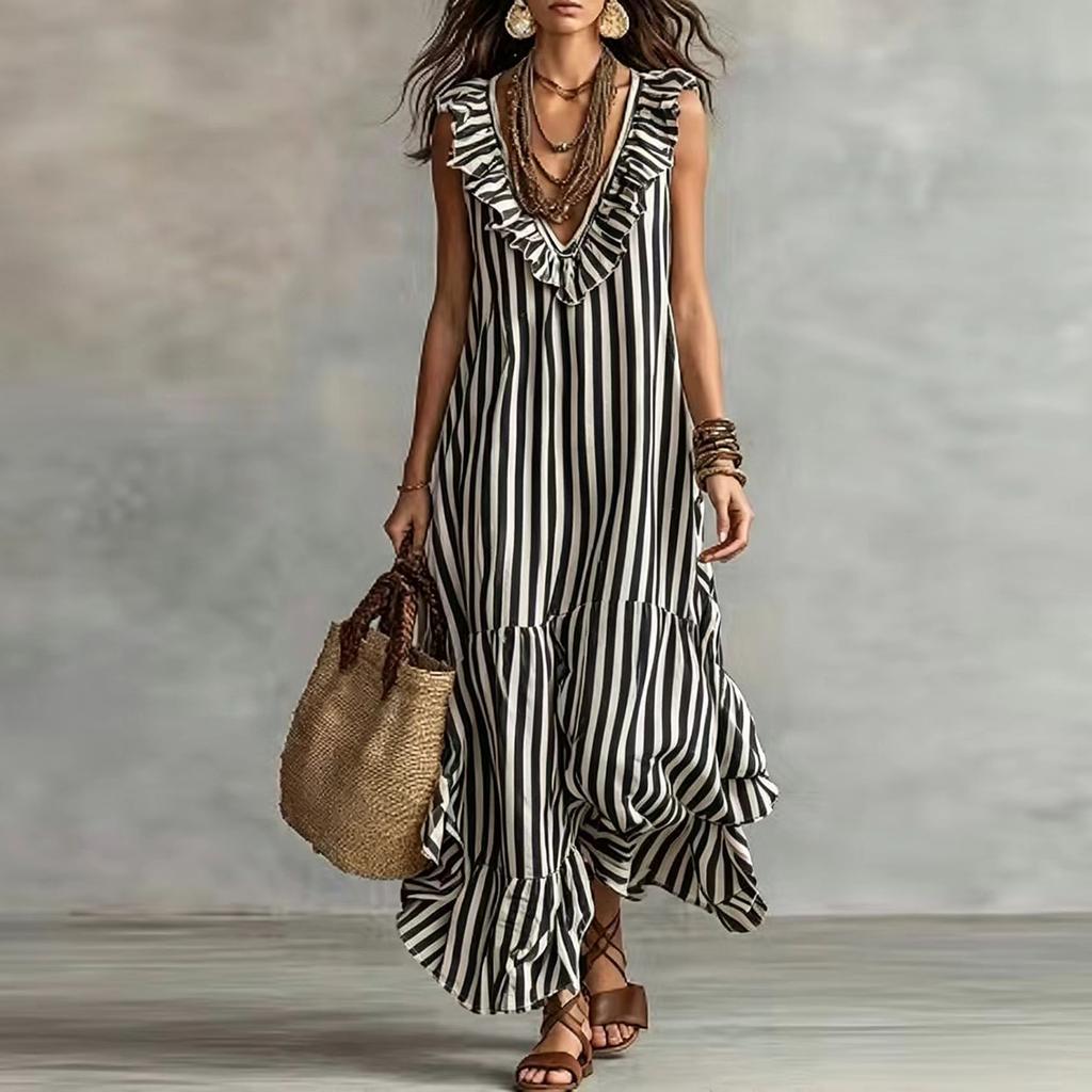 Women's Bohemian Striped Maxi Dress with Ruffle V-Neck Sleeveless Loose Fit for Vacation Travel