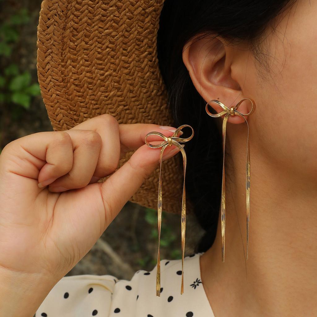 Elegant Women's Earrings Blade Chain Bow Gold Silver Color Earrings 2026 Trend Waterproof Stainless Steel Jewelry Lady Gift