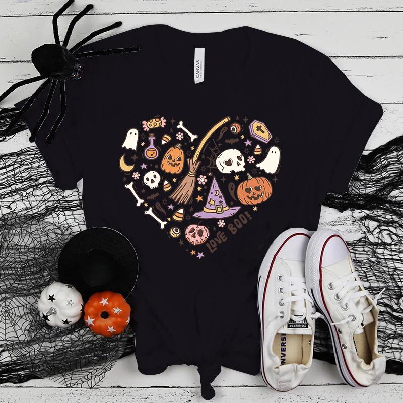 Fashion Halloween Love Boo Printed Short Sleeve Halloween Love Boo T-Shirt For Women Summer Casual T-Shirts Top