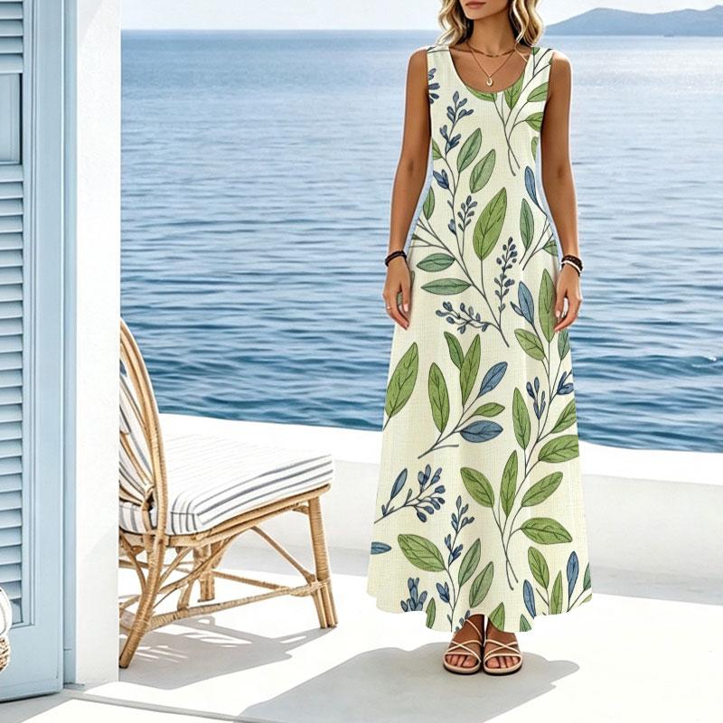 Summer Sleeveless Maxi Dress,Fresh Botanical Print,Lightweight,Breathable Comfortable Perfect for Beach,Daily Wear Travel Photos