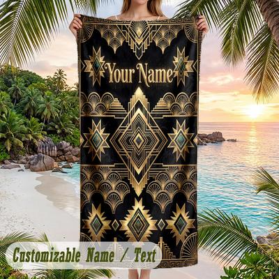 Art Deco Theme Beach Towel Personalized Custom Name & Text Soft Quick Dry Beach Towel for Swimming Travel