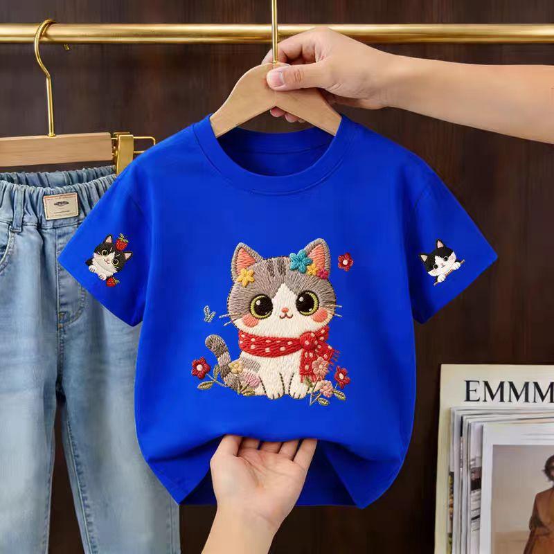 Cute cartoon cat cotton shortsleeved Tshirt for boys and girls a trendy comfortable and soft summer Tshirt