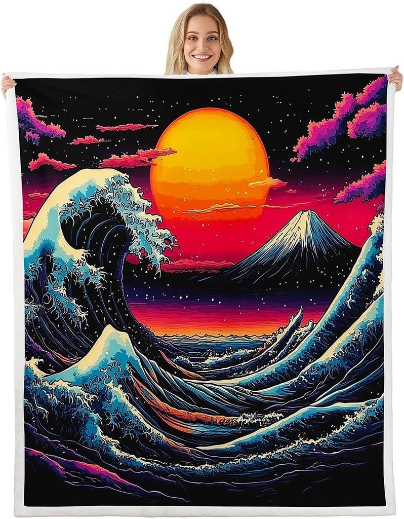 GUOYU Decke Japanische Stil Decken und Überwürfe Kran und Sonne Decke Überwurf für Kinder Erwachsene Kirschblüte Fleece-Decke Orientalische Malerei