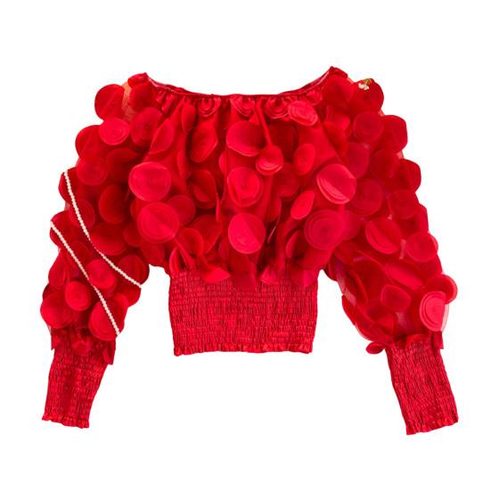

Women Tops Off Shoulder Puff Long Sleeve Elastic Waist Short Tops Perspective Mesh Yarn Casual Tops Party Daily красный