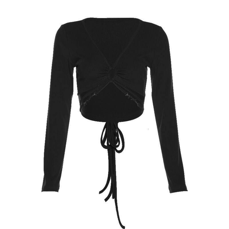 And American Style Pure Desire Spicy Chic Hollow-Out Design T-Shirt, Autumn Low-Cut V-Neck Long-Sleeve T-Shirt for Women, Versatile Trendy Top