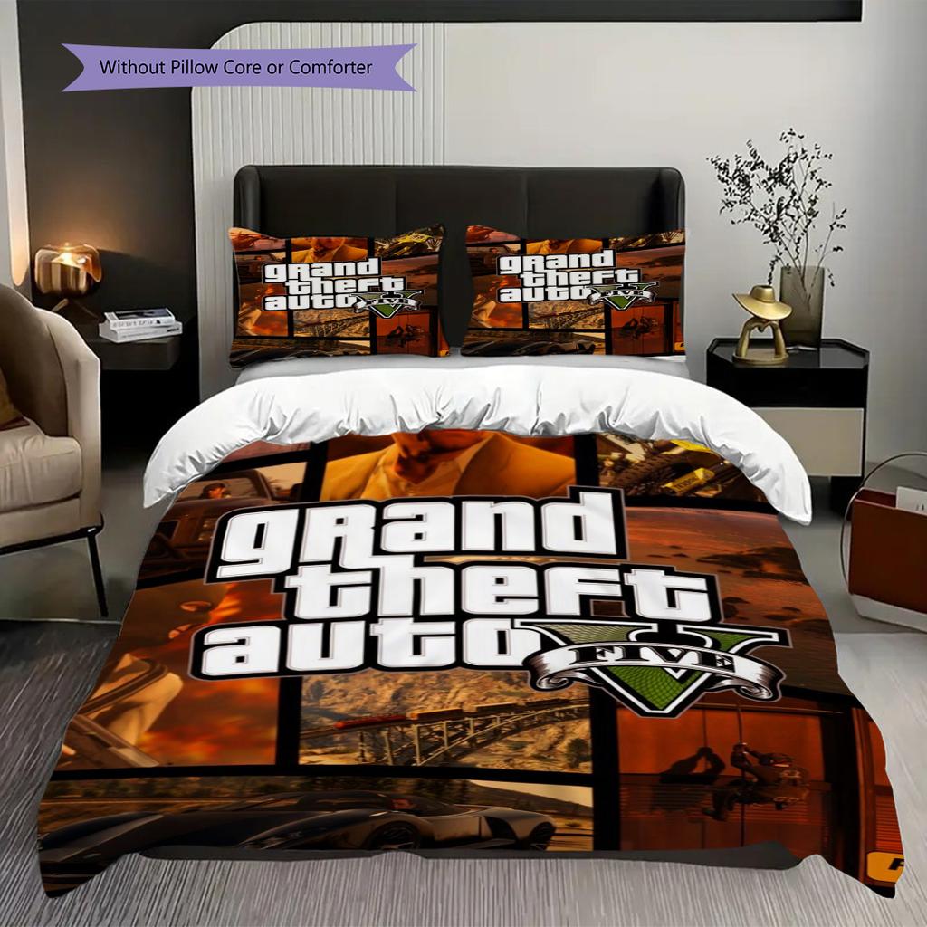 Grand Theft Auto Online Action Adventure Bedding (1 * Duvet Cover + 2 * Pillowcase, Without Core) 2D Flat Christmas Birthday Gift Bedding Set