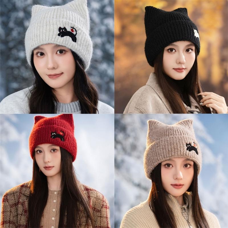 Lovely Cats Ears Hat Women Soft Plush Knitted Hat Trendy Winter Warm Hat for Fall and Winter