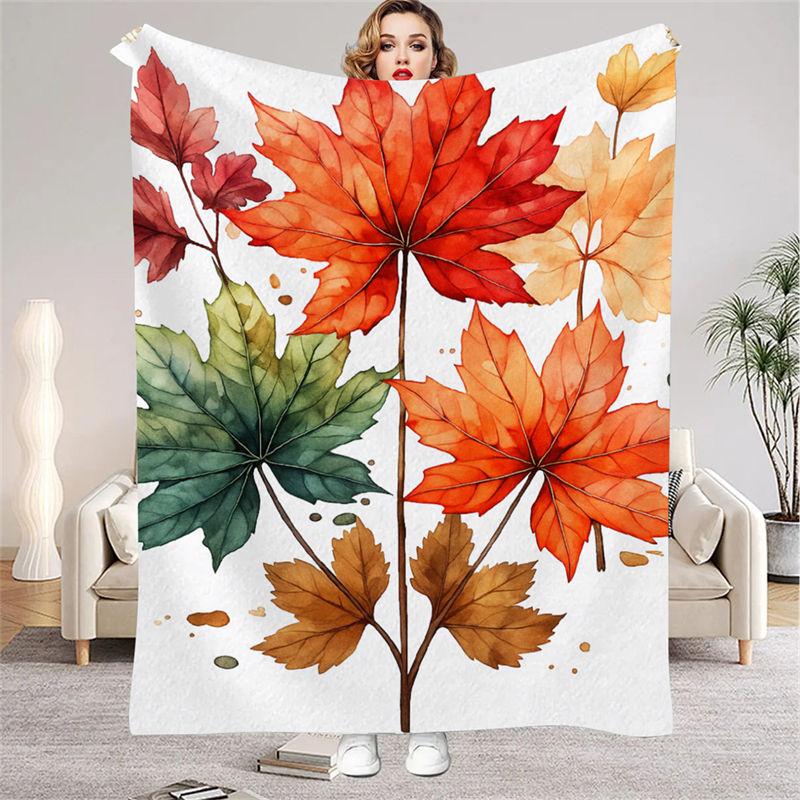 Autumn Leaves Pattern Flannel Throw Blanket White Color Maple Leaf Print Warm Blanket For Living Room Sofa Bed Decor All Season