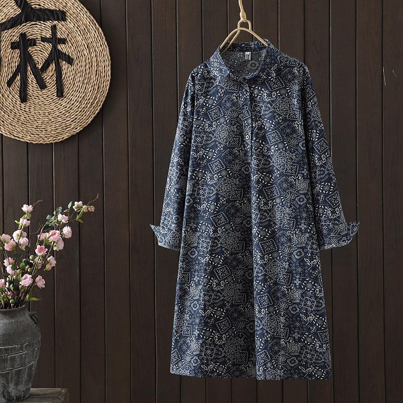 

2025 Весна Новинка Напечатанный Хлопок Средняя и Длинная Юбка Рубашка Женское Поло С Длинным Рукавом Повседневное Цветочное Платье XXL тёмно-синий