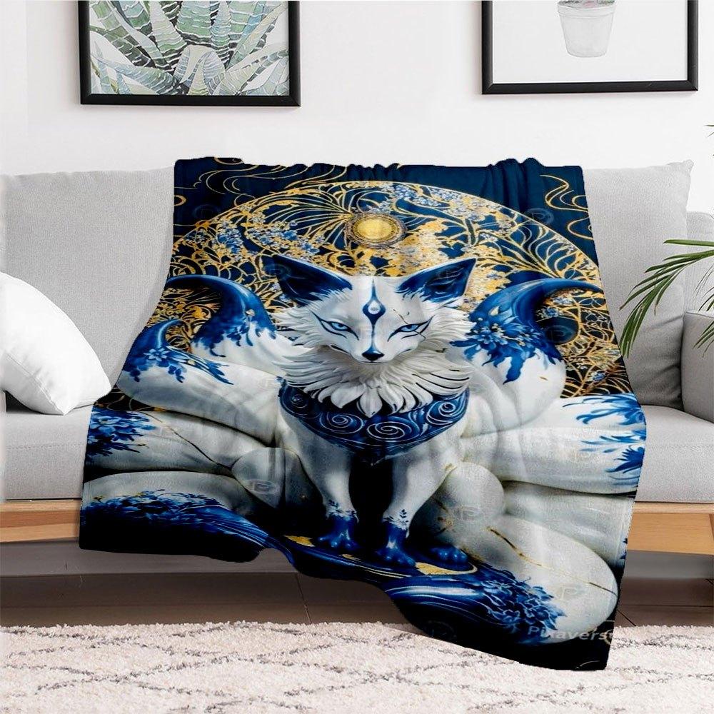 Blue and White Porcelain Fox Statue Decorative FigurineBlanket Flannel Throw Blanket for Sofa, Bed, Travel, Camping, Office, Couch, Chair, A