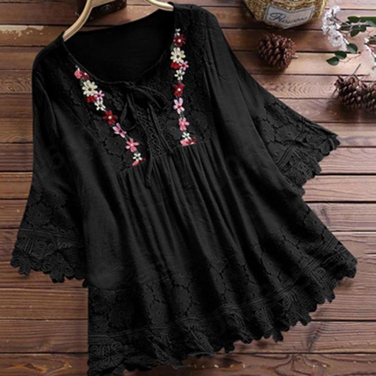 Plus Size Women Loose Shirt Half Sleeve with Lace Flower Embroidery