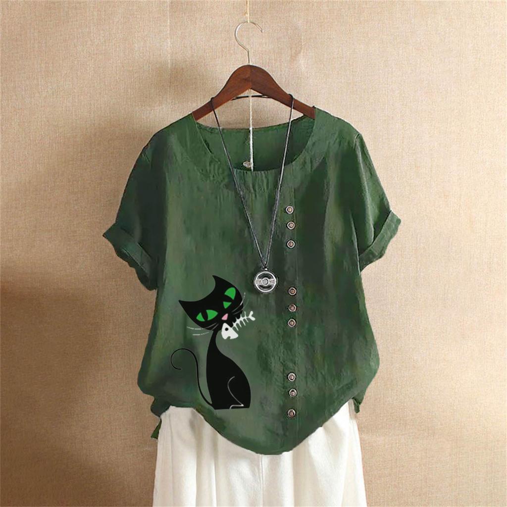 Summer Oversized Cotton and Linen Short-sleeved T-shirt, Cotton and Linen Cat Printed Oversized Women's Clothing