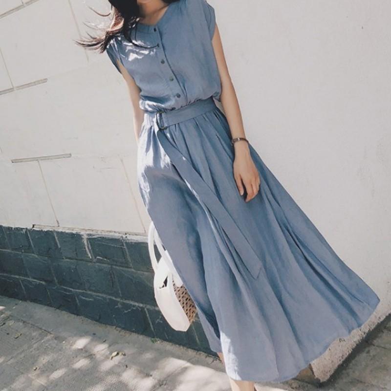 Womens Casual Button Down O Neck Shirt Dress Plain Belted Midi Dresses
