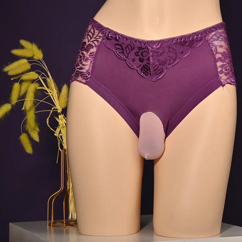 M-3Xl Large Size Sissy Pouch Panties Men Lace See Through Crossdressing Briefs Bullet Separation Underpant Gay Erotic Brief