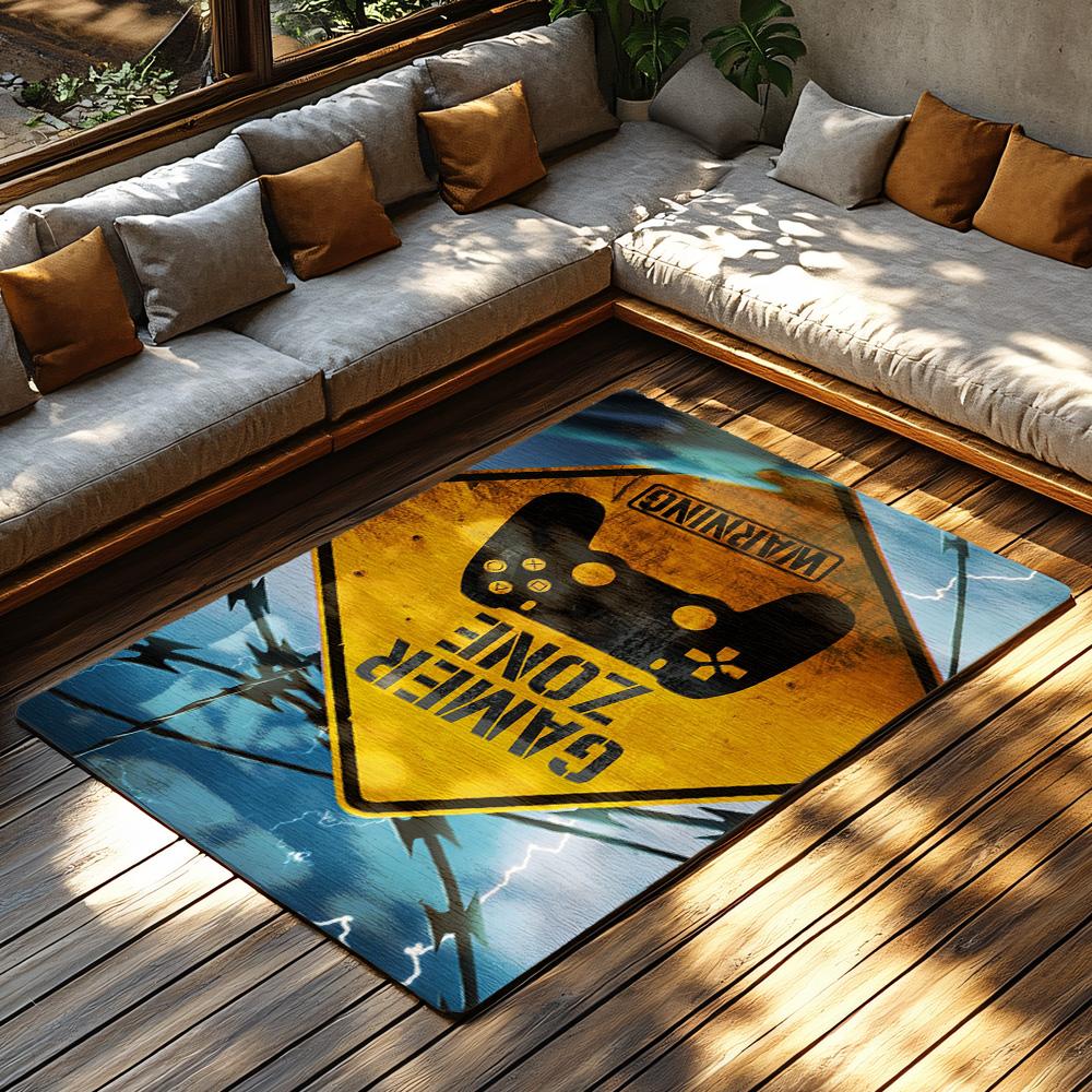 Gamer Zone Warnteppich, Gelb-Schwarzer Gaming-Teppich für Wohnzimmer, Weiche rutschfeste Matte mit Controller-Design-Dekor