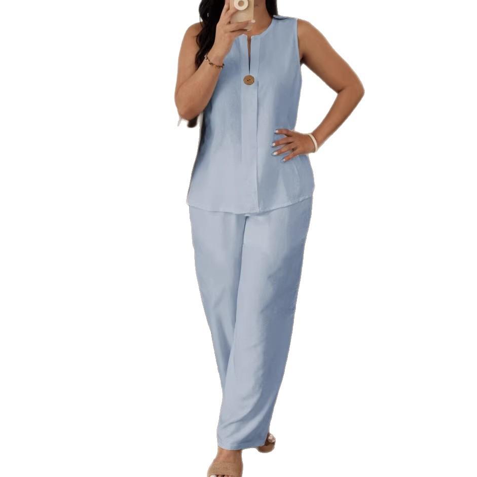 Womens White Sleeveless Top and Wide Leg Pants Two Piece Set