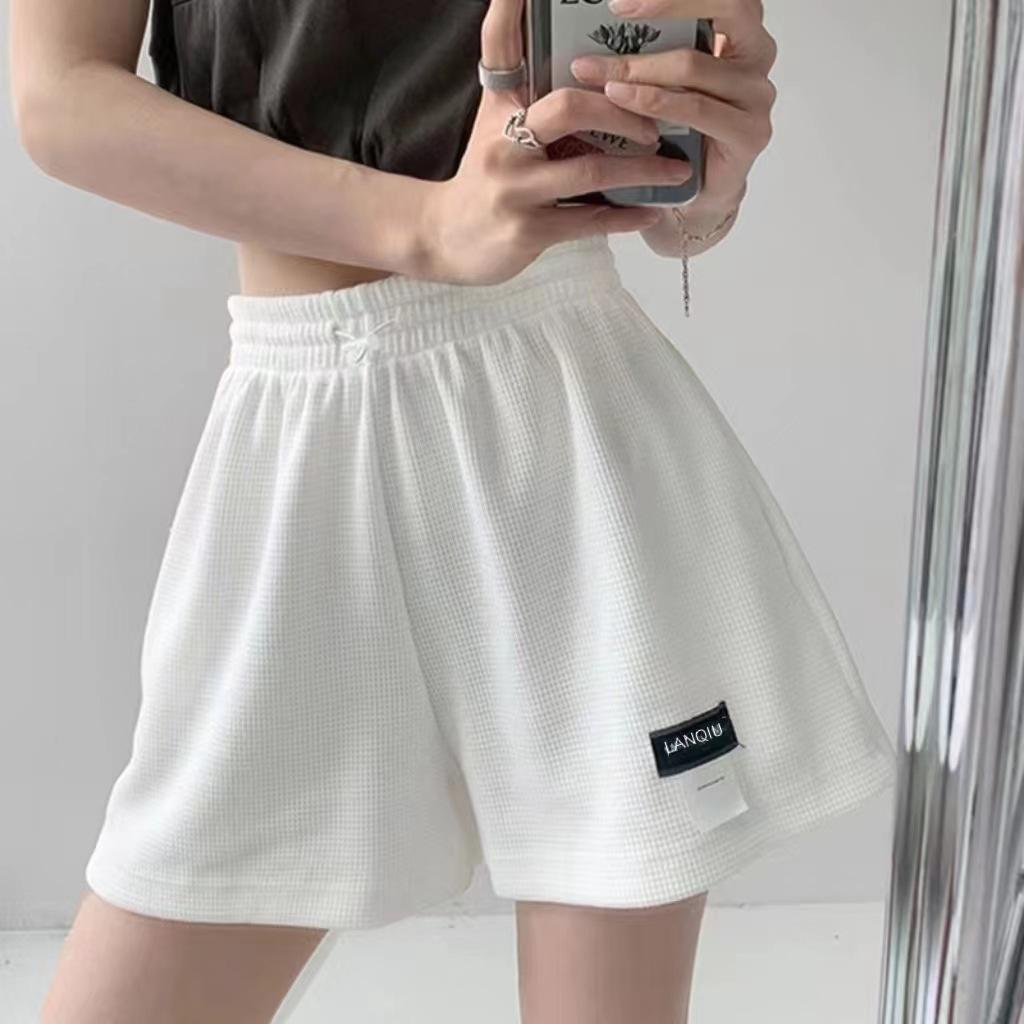 Waffle Shorts, Loose Sports Shorts Women's Elastic Waist Wide Leg Hot Pants Casual Skinny High Waist Straight Home