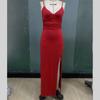 Women Evening Party Strap V Neck Satin Solid Color Package Hip High Split One Piece Dress