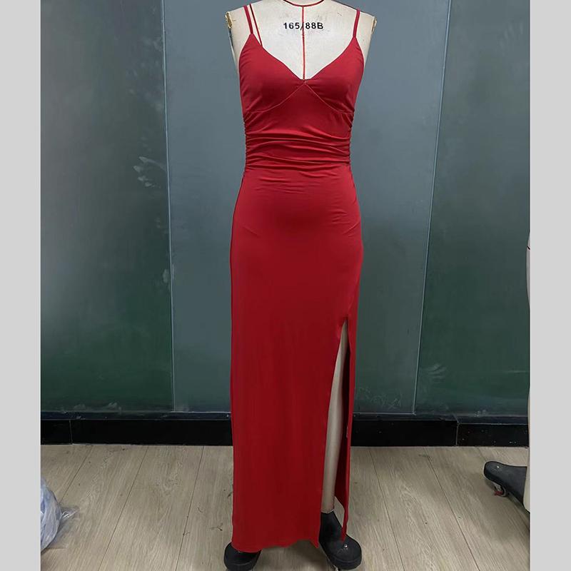 Women Evening Party Strap V Neck Satin Solid Color Package Hip High Split One Piece Dress