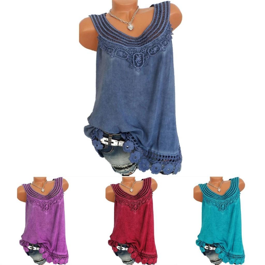 Women's Loose Sleeveless Vest T-shirt Blouse With Elegant Boho Lace Design In Plus Sizes