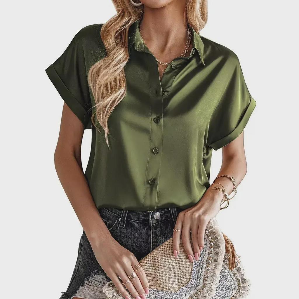 2025 Women's European & American Short-Sleeve Satin Button-Down Shirt - Casual Loose Fit