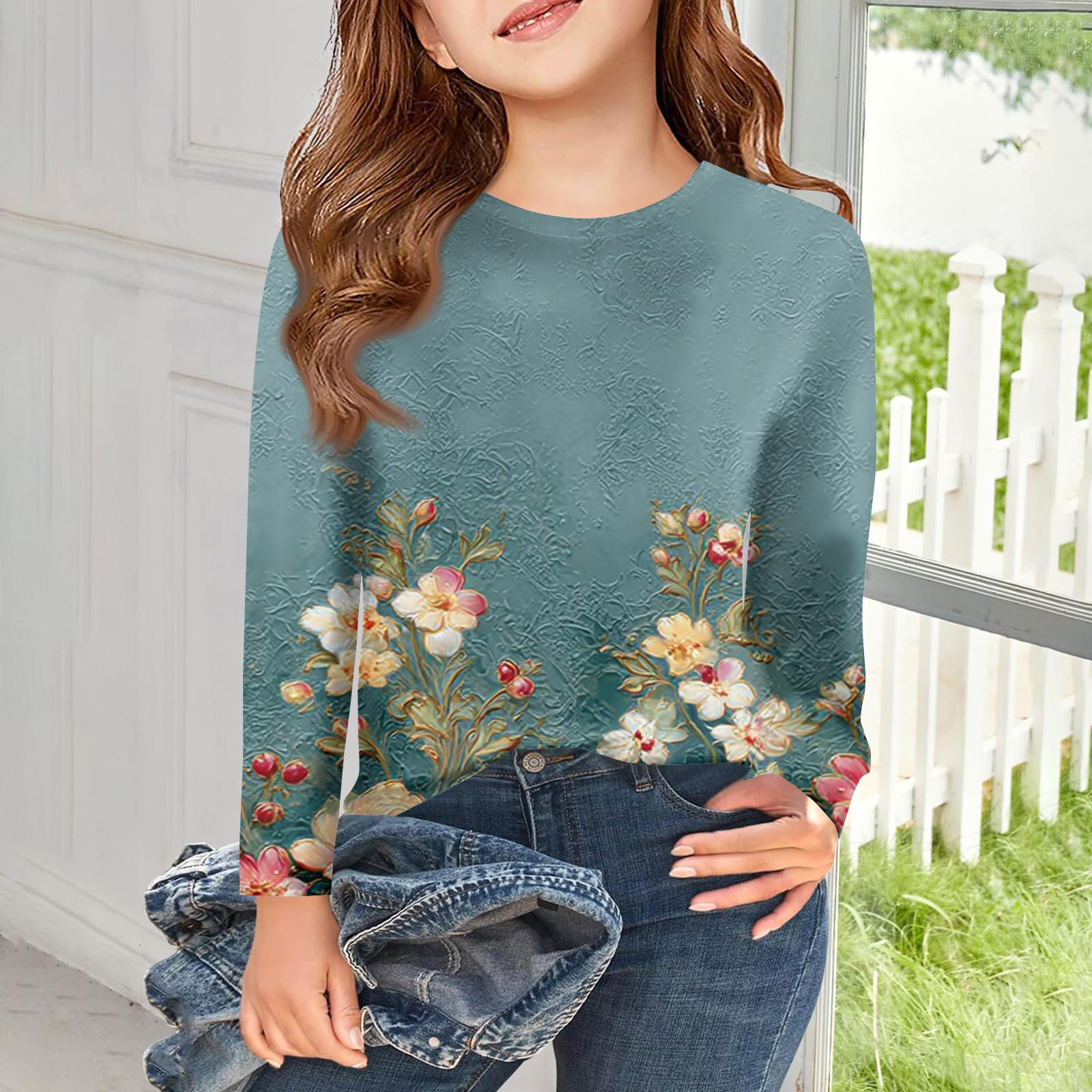 

Girls Long Sleeve T Shirts Kids Fall Tops Crewneck Printed Basic Tees 140 синий