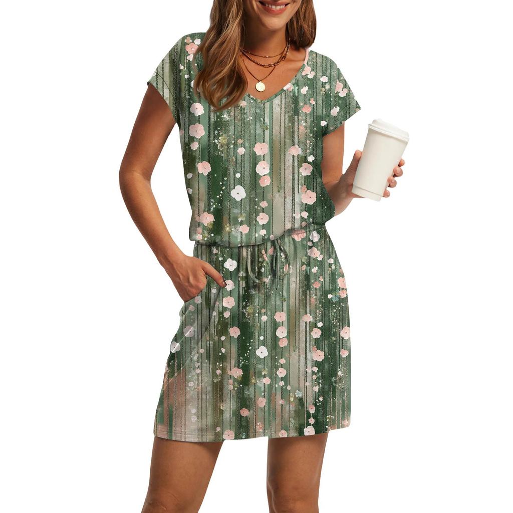 Women's Fashion V-Neck Short Sleeve Drawstring With Pocket Printed Casual Dresses