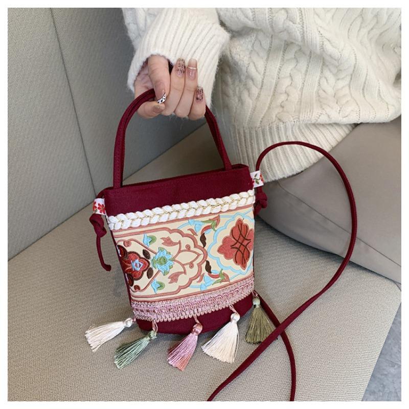 New Ethnic Style Women's Bag Simple and Fashionable Canvas Shoulder Bag Trendy Bucket Messenger Bag Wholesale
