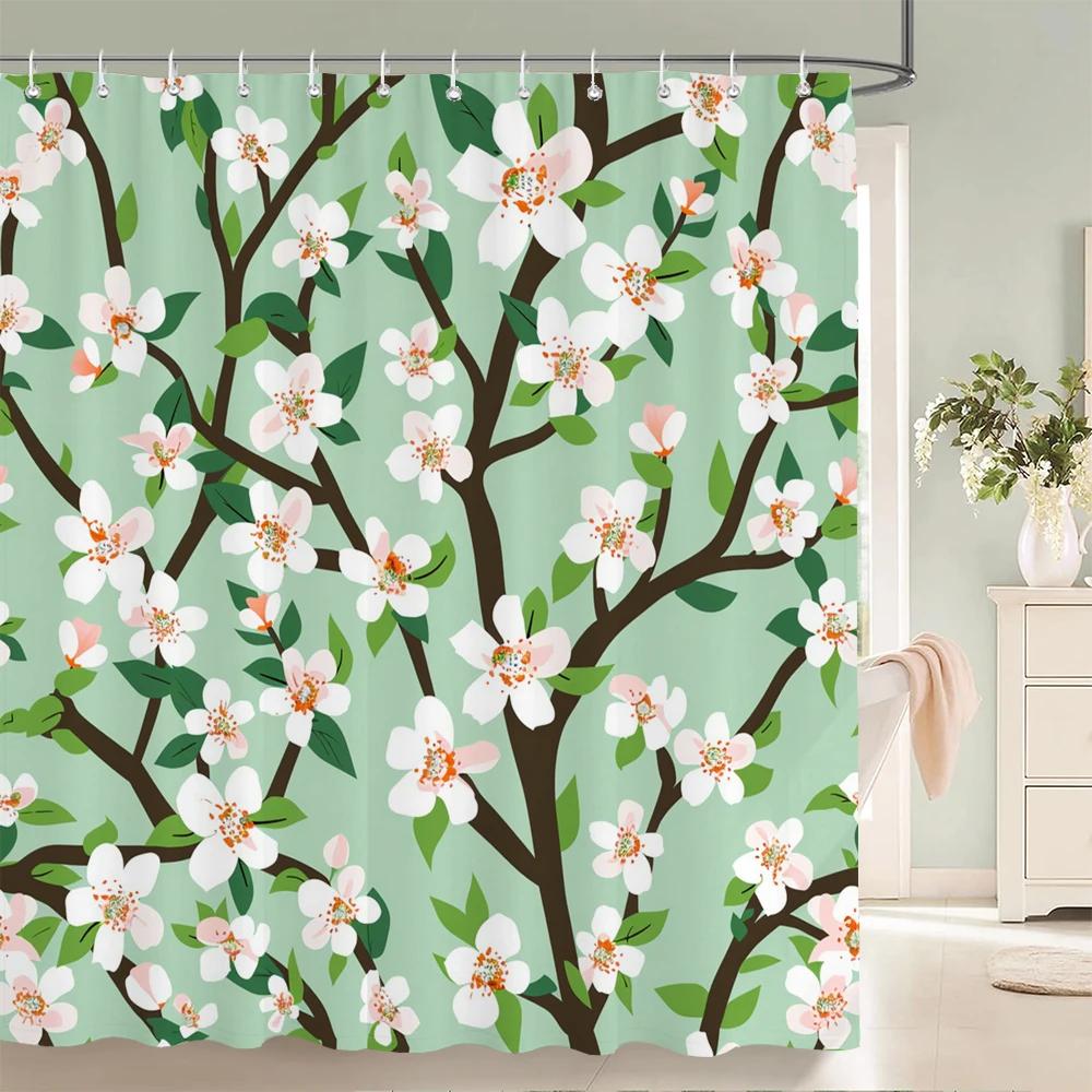 Home Shower Curtains for Bathroom Waterproof Fabric Spring Floral  and Plants Bathroom Curtains with Hooks Decorative Curtain