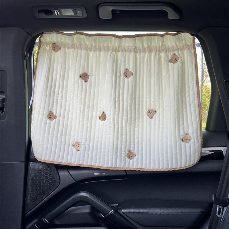 Cute Cartoon Embroidered Thickened Cotton Baby Car Window Sunshade Cover UV Protection Suction Cup Installed Sliding Curtain