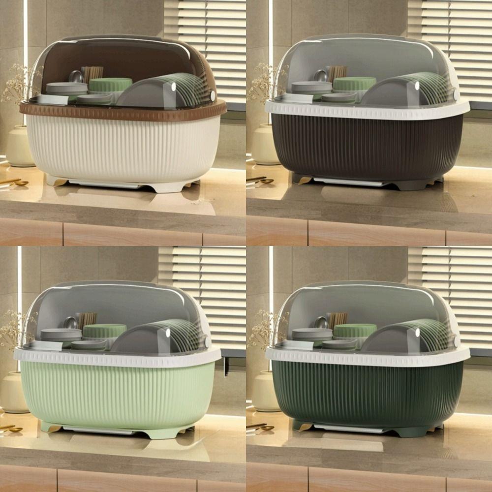 Stor oppvaskstativ med takdeksel Plast Multifunksjonelt oppbevaringsstativ for servise med avrenningsbrett Skap