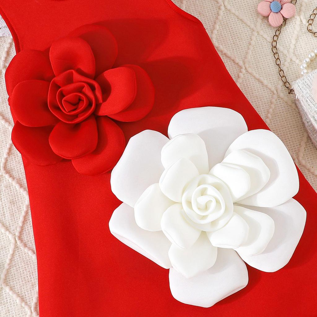 Girls' Light Luxury Dress Three-dimensional Red and White Flower Vest Dress Baby Sweet Banquet Outgoing Dress