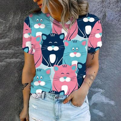 Odzież Damska T-shirt Krótki Rękaw Wielokolorowy Uroczy Kreskówkowy Nadruk Kota T-shirt Lato Okrągły Dekolt Damski T-shirt Top