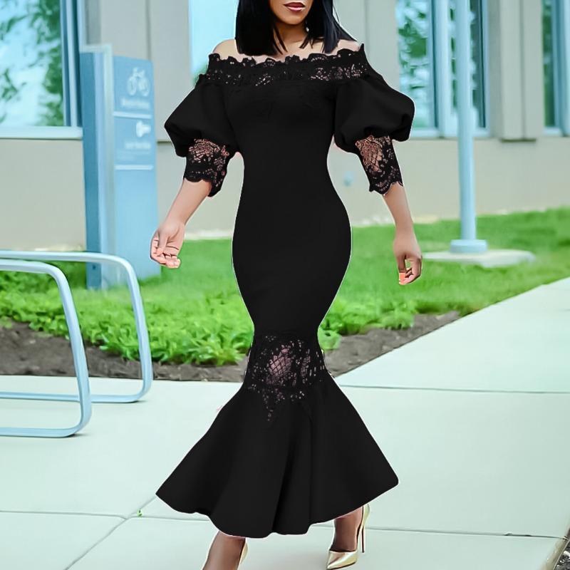 Women Off Shoulder Lantern Sleeve Solid Color Mermaid Long Bodycon Dress