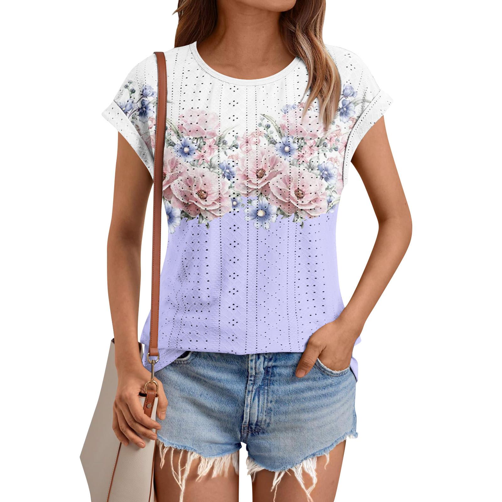 

Женские топы, футболки с коротким рукавом, блузки с принтом, нарядные повседневные ажурные вышивки, летняя модная одежда XXL фиолетовый