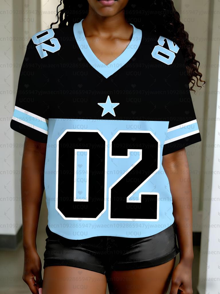 Women's NO.02 Print V-Neck Short Sleeve Casual T-Shirt Summer Graphic Tee Jerseys Plus Size Sport T-Shirt