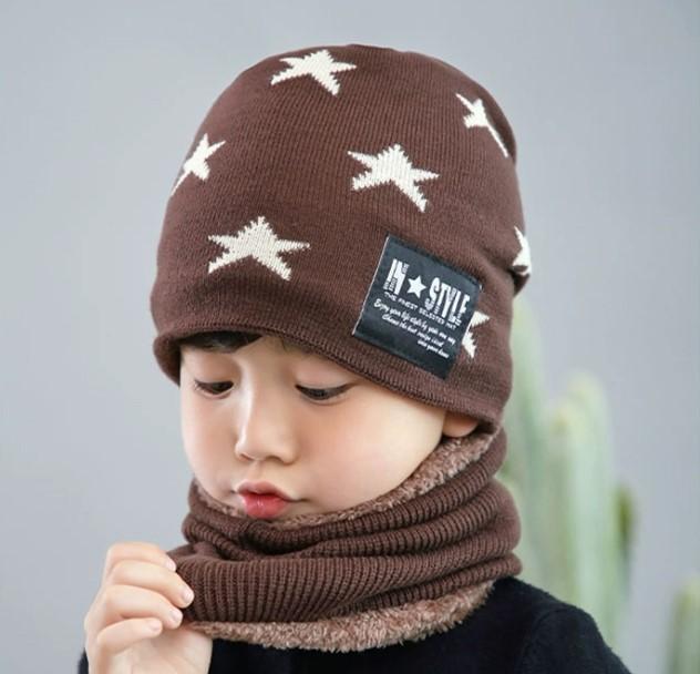 (BOY)Fleece Contrast Colors Knitted Warm Winter Hats For Kid Hat+Scarf Two Piece Set
