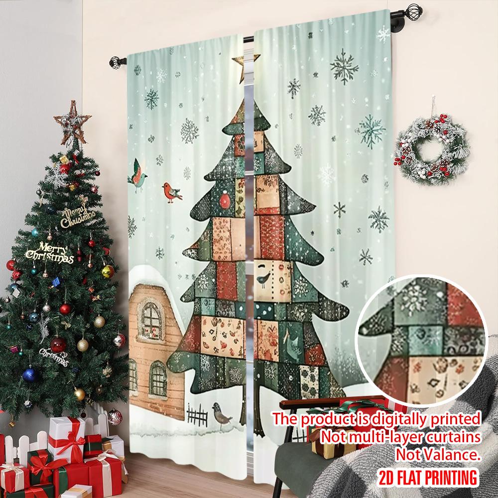 2pcs 2D Flat Printing Merry Christmas Party Curtains Christmas Trees7 100% Polyester Without Electricity Party Decorations Use