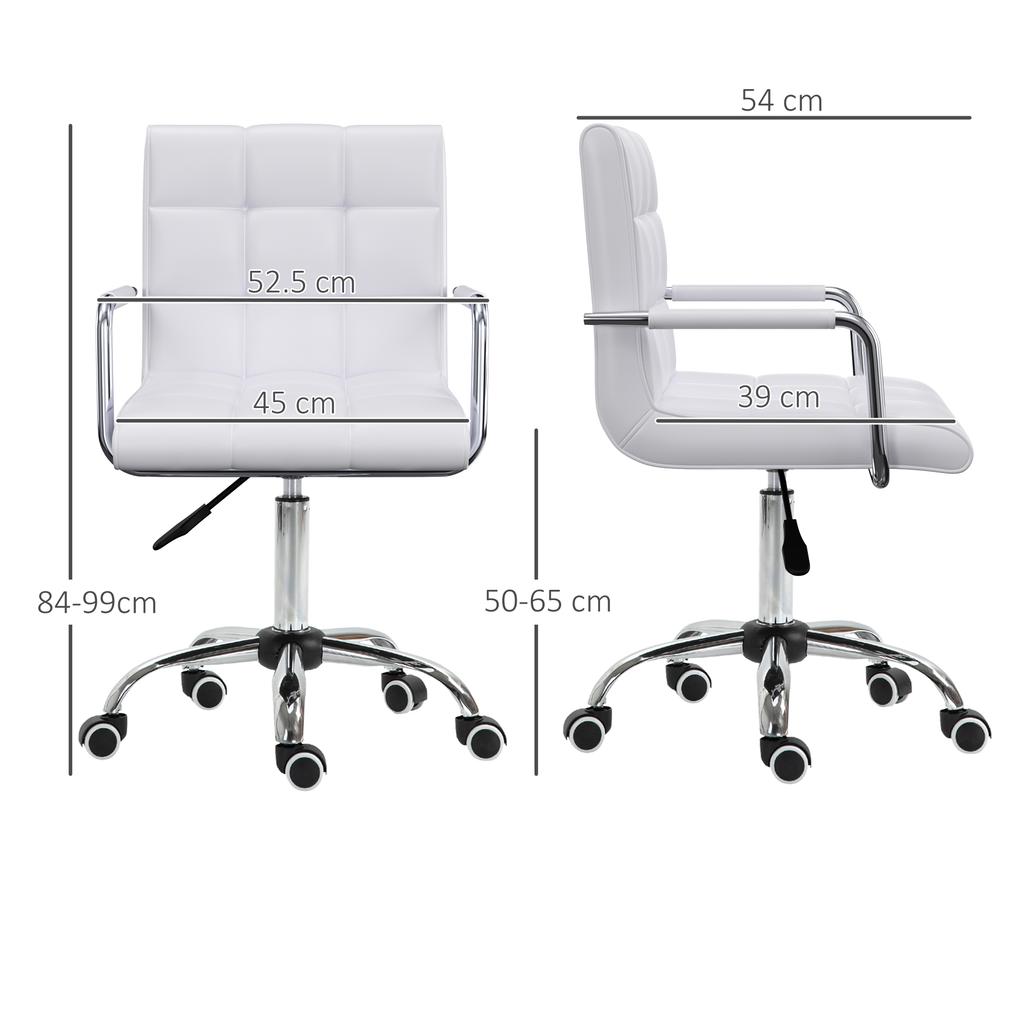 Makeup Vanity Chair, PU Leather Mid Back Office Chair with Adjustable Height, Armrest and Rolling Wheels, White