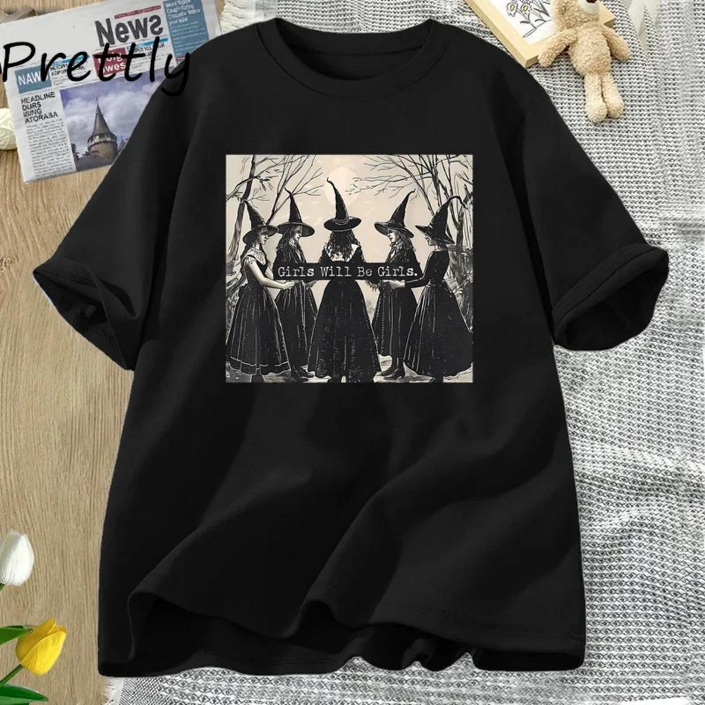 Dívky budou dívkami Čarodějnické tričko Dámské Vtipné čarodějnické Halloweenské tričko Čarodějnické vibrace Podzimní Retro Grafická trička Bavlněné oblečení